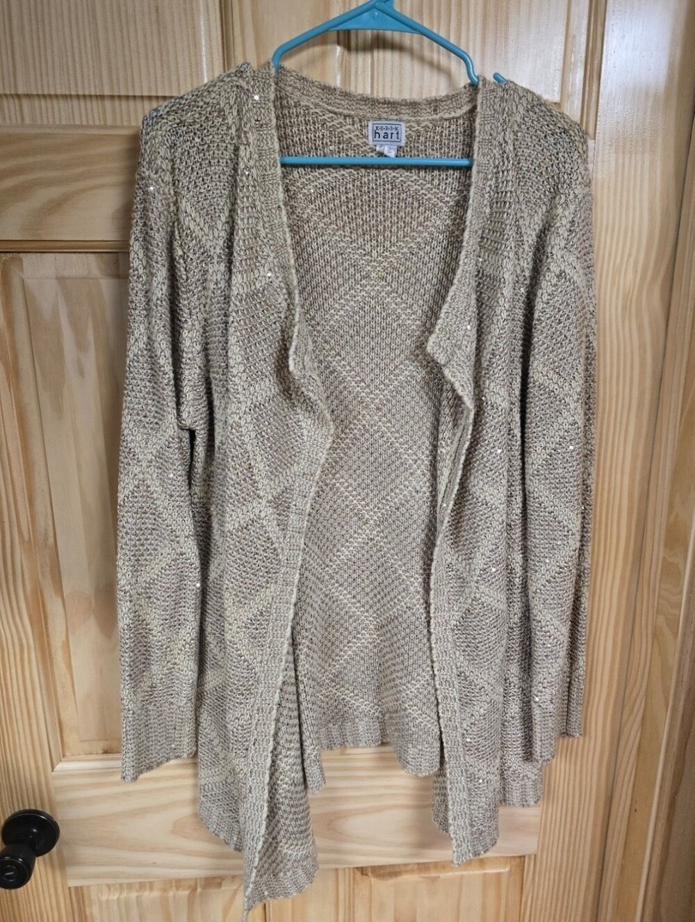 Keren Hart Metallic Knit Open-Front Cardigan in Beige